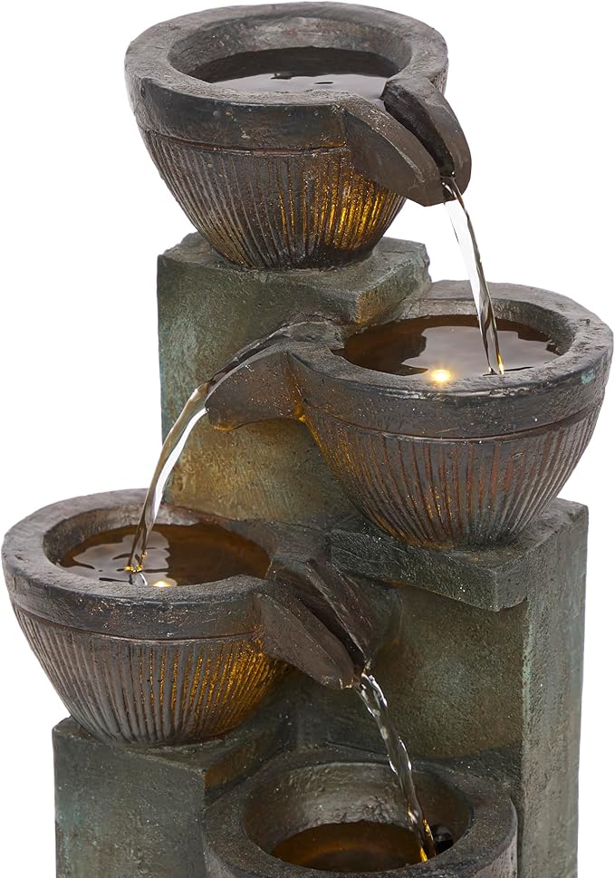 Alpine Corporation TZL416 14" Stoned Jar Water Fountain with Cascading LED Lights, Stylish Tabletop Water Feature for Home, Office, Living Room, Bedroom & Desk Decor, Gray