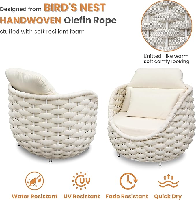 Woven Rope Patio Chair and Table Set: 2 Pieces Aluminum Front Porch Furniture Set - Assembled Outdoor Deck Lounge Armchair Set Cushioned - for 400 lbs Balcony Pool Yard Garden Hotel Lanai, Beige