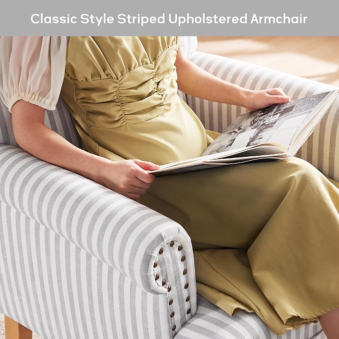 HUIMO Linen Fabric Accent Chairs Set of 2, Mid-Century Modern Armchair with Solid Wood Legs, Single Sofa Chair,Upholstered Reading Club Chair (2, Light Grey and White Stripe)