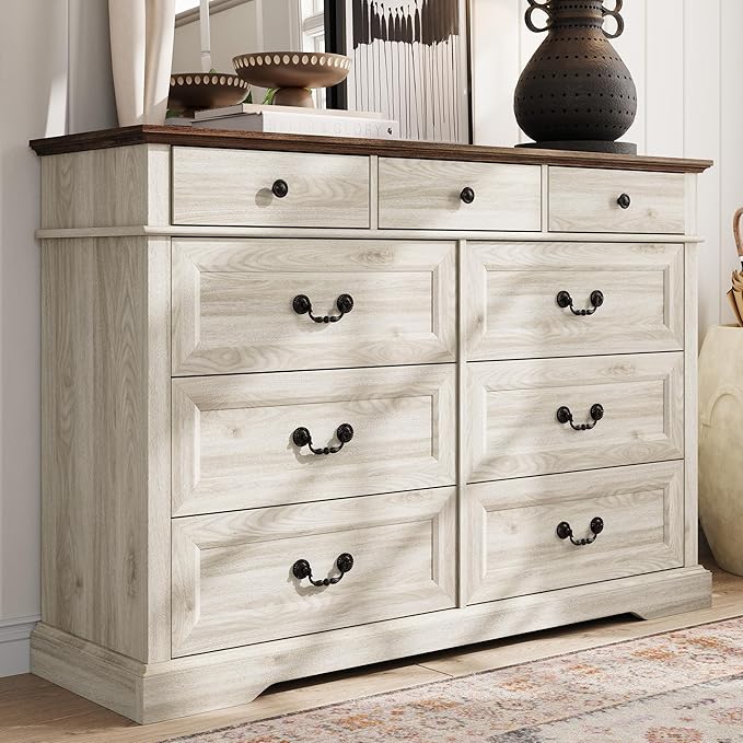 LINSY HOME Farmhouse 9 Drawers Dresser for Bedroom, Wood Bedroom Dresser Wide Chest of Drawers, French Country Storage Double Dressers Organizer for Closet, Living Room, Beige
