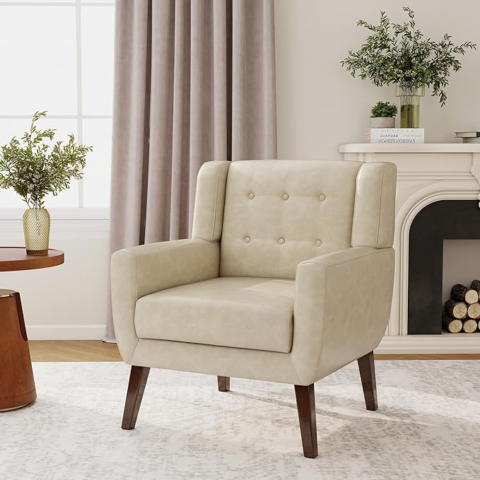 Accent Chair, Modern Faux Leather Armchair for Living Room, Comfy Upholstered Arm Chair Tufted for Indoor Bedroom Office Room (P Cream)