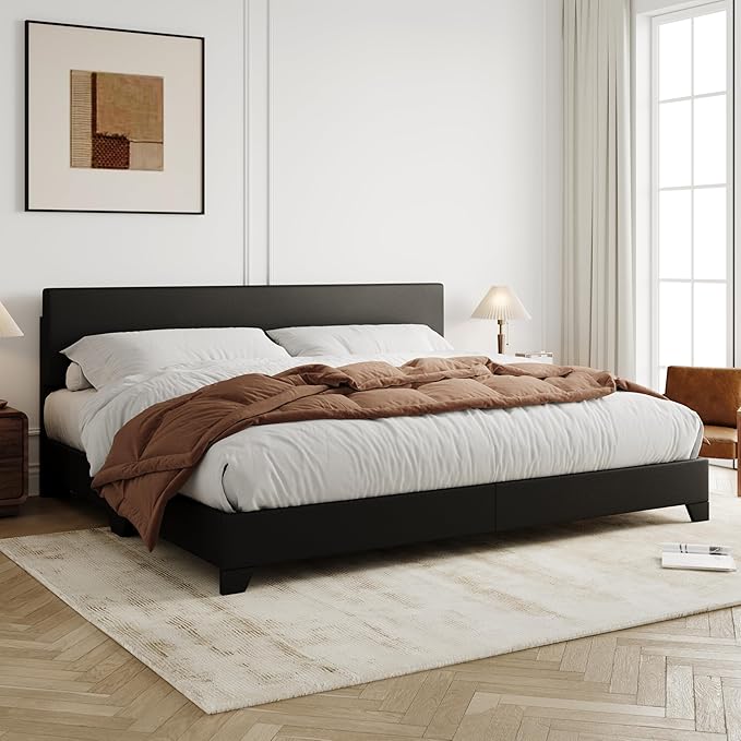 Allewie King Size Bed Frame with Adjustable Headboard, Faux Leather Platform Bed with Wood Slats, Heavy Duty Mattress Foundation, No Box Spring Needed, Noise-Free, Easy Assembly, Black