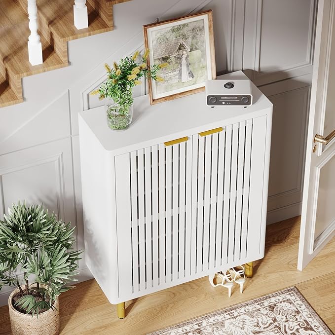 Tribesigns 6-Tier Farmhouse Shoe Cabinet with Shutter Doors, Wooden Shoe Organizer Rack with Adjustable Shelves, Modern Large Hidden Storage Furniture for Entryway, Hallway (White&Gold)