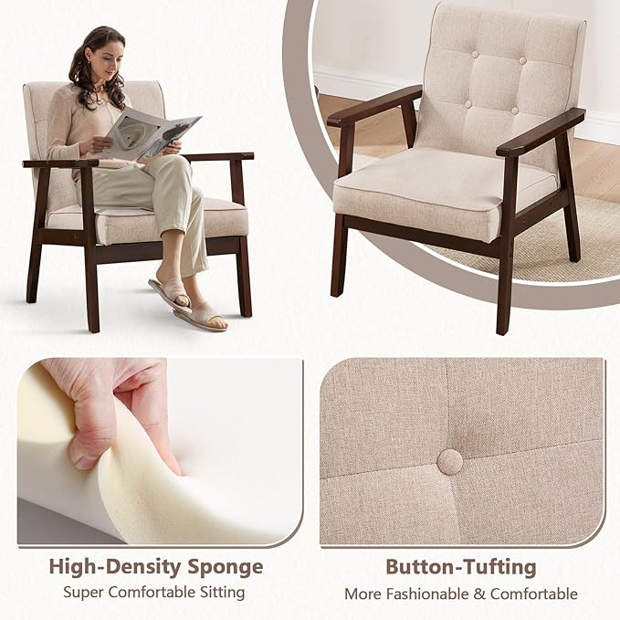 ANJ Mid Century Modern Accent Chairs Set of 2, Tufted Fabric Armchair with Solid Wood Frame, Comfy Retro Side Chair Reading Chair for Living Room, Bedroom,Beige
