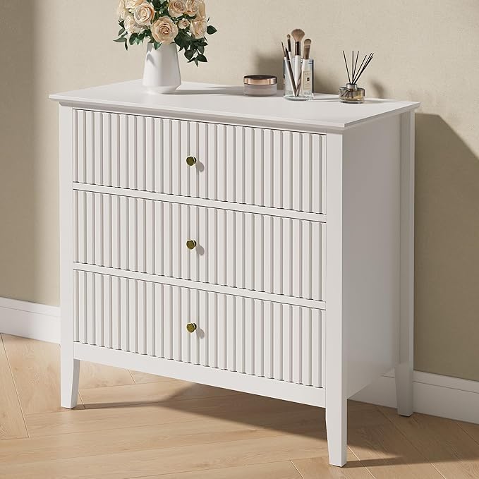 RoyalCraft White Fluted 3 Drawer Dresser, 32 inch Wide Dresser Nightstand for Bedroom, Modern Wood Chest of Drawers, Large Painted Nightstand with 3 Drawers for Closet, Hallway, Entryway