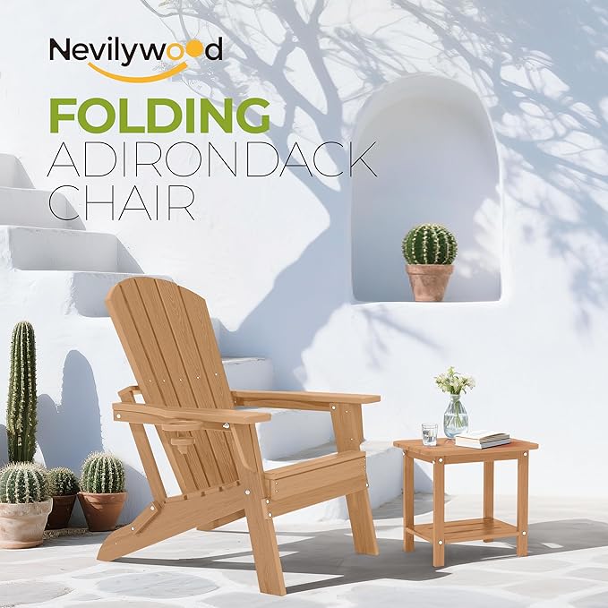 nevilywood Folding Adirondack Chair - Extended Ergonomic Backrest, Cup Holder - Easy Assembly - Durable HDPE Plastic, Weather Resistant & Maintenance-Free - Lawn, Patio, Deck Supports 380lbs,Teak