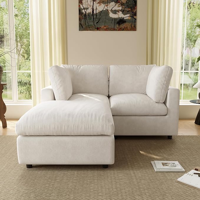 WJShome Sectional Couches for Living Room, 67 Inch Loveseat Sofa with Ottoman, Modern Chenille Fabric & Double Layer Cushions, Modular Couch for Apartment/Bedroom,Beige
