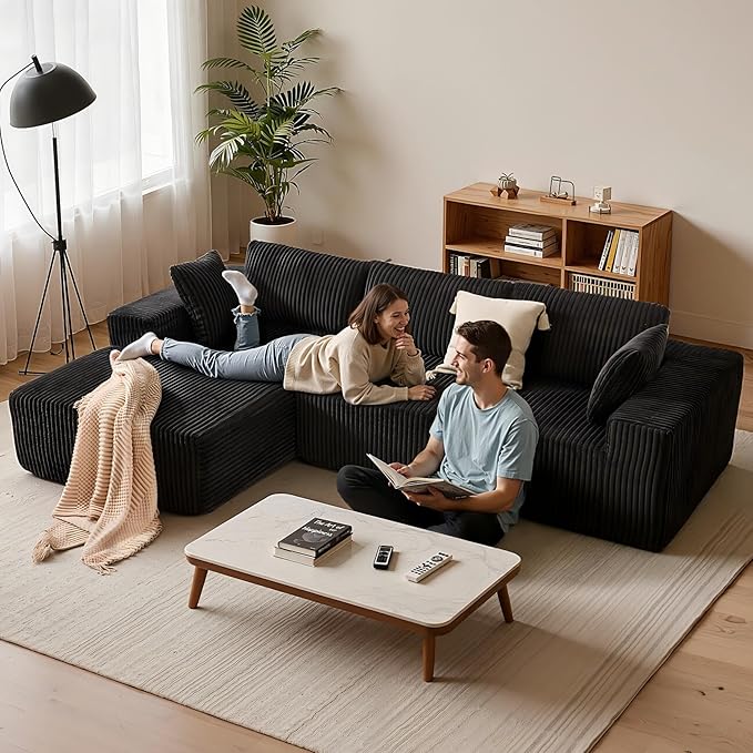 Apicizon 113" Modular Sectional Couch for Living Room, L Shaped Sectional Sofa Couch with Deep Seat, Boneless Sleeper Sofa with Chaise Longue for Apartment,No Assembly Required (Plush Corduroy Black)