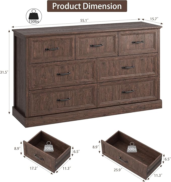 Farmhouse 7 Drawer Dresser for Bedroom, 55 Inch Wide Modern Brown Dresser TV Stand with Large Drawers & Bar Handles, Rustic Wood Chest of Drawers for Bedroom, Living Room, Hallway, Entryway.