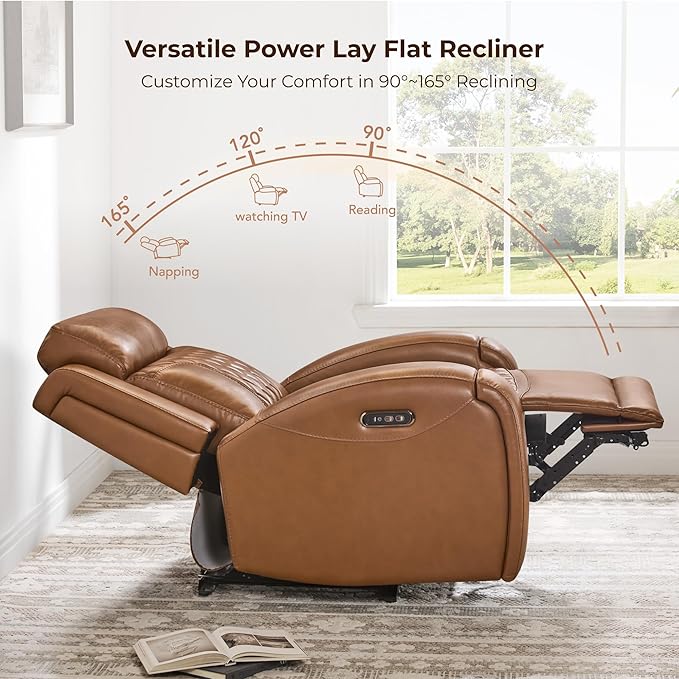 CHITA Genuine Leather Recliner Chair for Adults with Adjustable Power Headrest, Lay Flat Power Recliner with Slide-Out Cupholders & USB/Type-C Ports, Living Room Chair, Saddle