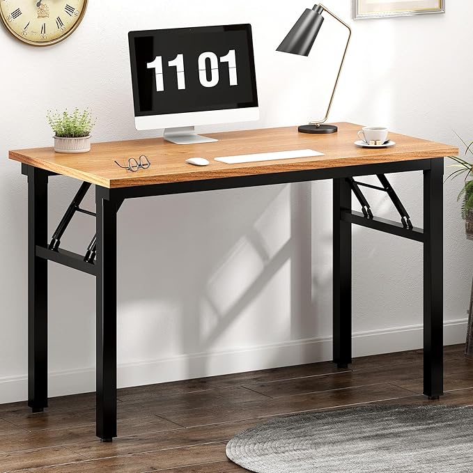 Need Folding Computer Desk - 39.4 Inch Foldable Office Writing Work Study Kids Student Teacher Home Bedroom Table for Small Space, Teak & Black