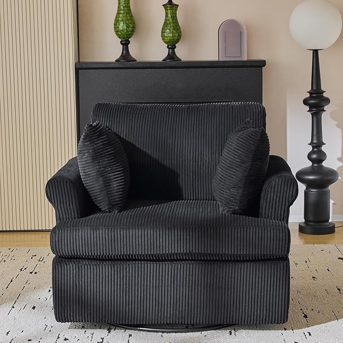 Karl home 39" Swivel Accent Chair,Oversized Seat Armchair W/2 Pillows and 4 Pockets,Modern Upholstered Corduroy Barrel Chairs,Comfy Single Sofa for Living Room,Reading,Bedroom and Office -Black