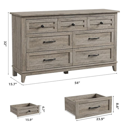 GarveeHome 7 Dresser for Bedroom, 54 in Wide Drawer Dresser with Storage Freestanding, Wooden Closet Storage Chest for Living Room, Bedroom, Entryway, Ash Grey
