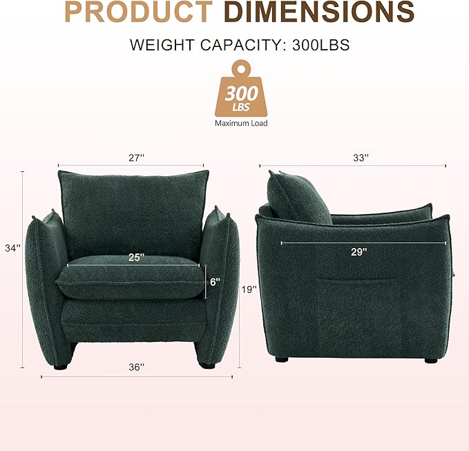Oversized Accent Chair, Modern Single Sofa Cloud Chairs with Removable Pillow, Deep Seat Comfy Armchair for Living Room Bedroom Reading Nook - Upholstered Lounge Chair (Green, Set of 2)
