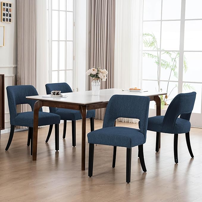 VKNOW Wooden Dining Chairs Set of 4, Modern Fabric Upholstered Dining Room Chair Kitchen Chairs, Farmhouse Dinner Chair for Kitchen Dining Room, Blue-Black Legs