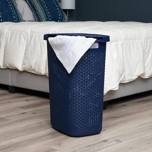 Mind Reader Slim Laundry Hamper with Lid, 60L Clothes Basket, Premium Wicker Design, Plastic, Navy