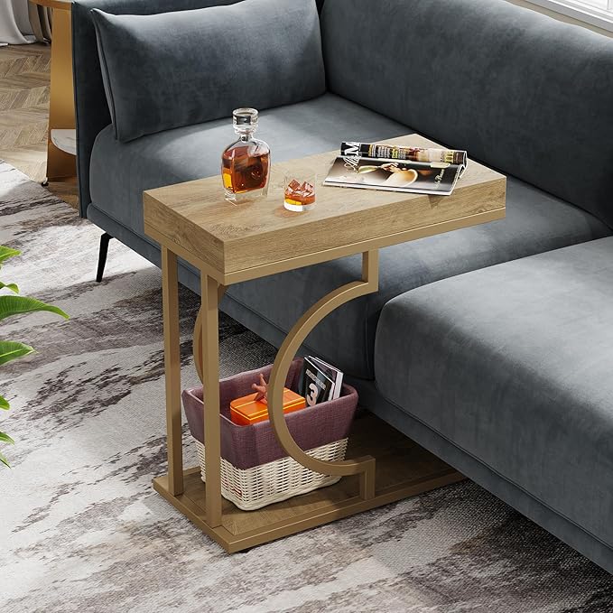 Tribesigns Narrow Side Table C Shaped End Table Modern Bedside Tables for Couch, Small Sofa Chairside Tables with Metal Frame for Living Room (1, Natural+Wood Tones)