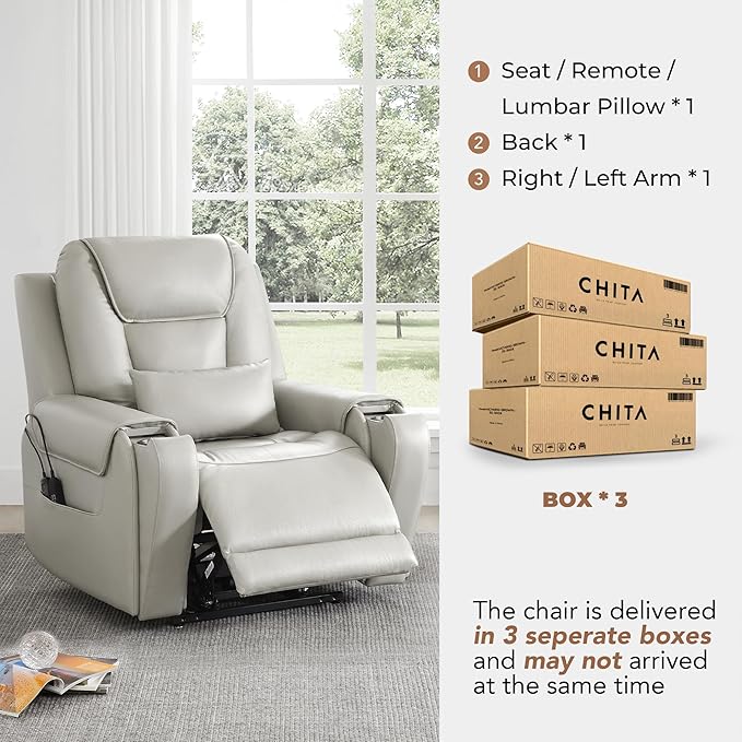 CHITA Electric Power Lift Recliner Chair for Elderly with Massage and Heat, Large Lay Flat Genuine Leather Recliner Chair with Cup Holders, USB Ports, Power Headrest, Independent Backrest, Light Gray
