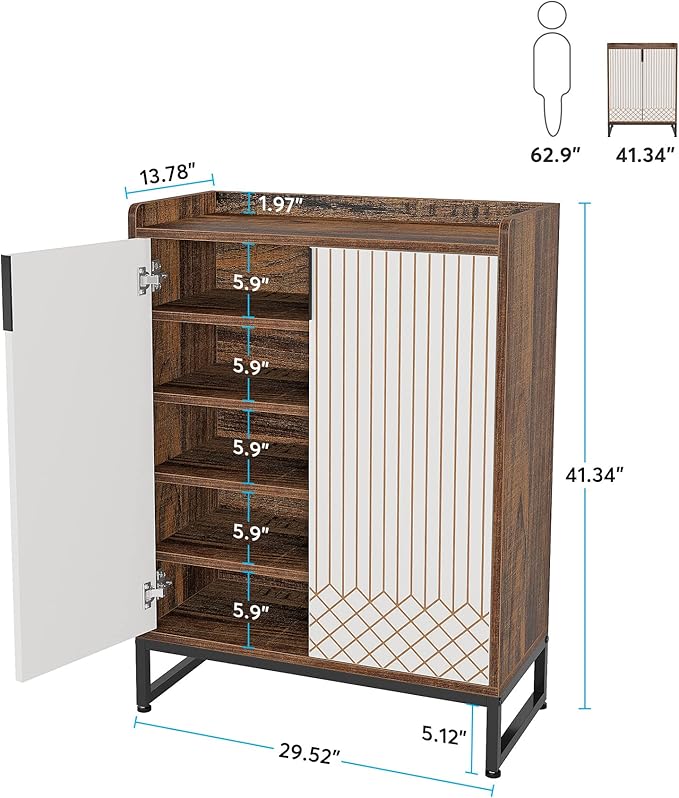 Tribesigns Modern Shoe Cabinet for Entryway, 25 Pairs Shoe Cabinet with Doors, Wood 5-Tier Shoe Organizer, Freestanding Brown Shoe Storage Cabinets with Black Metal Frame for Bedroom Living Room