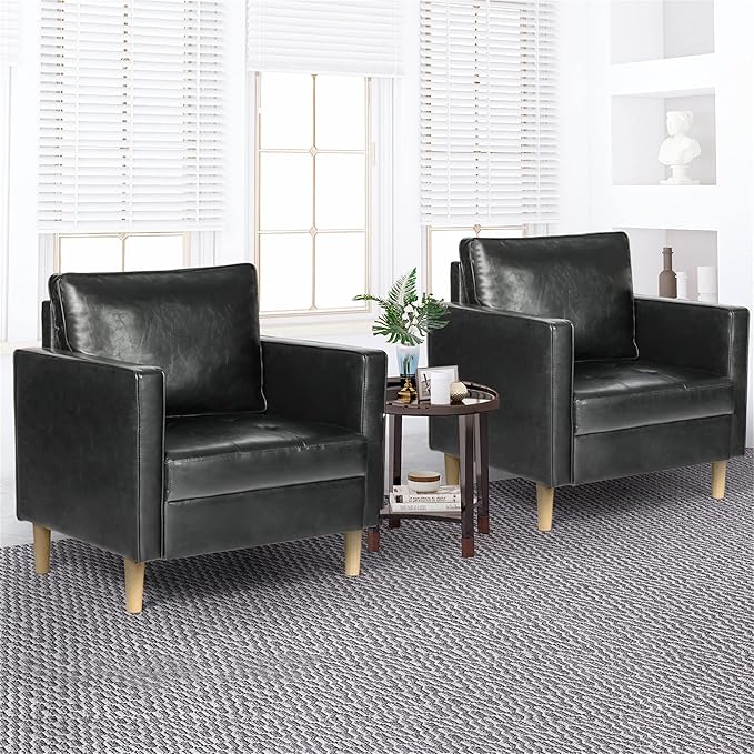 STHOUYN Black Faux Leather Accent Chairs Set of 2 Small Living Room Bedroom Chairs, Comfy Reading Chair Single Sofa for Adults, Suitable Small Spaces Office Couch, Easy Assembly
