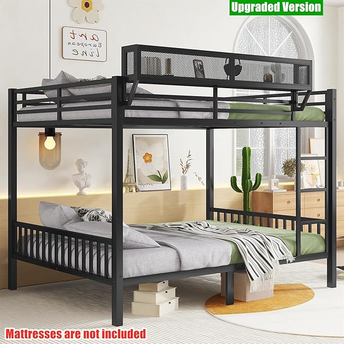 Latest Upgrade & Stronger Steel Queen Over Queen Bunk Bed, Heavy Duty Thickened More Rust-Proof Metal Bunk Queen Bed with Enhanced Legs & Slats (Easier Assembly)