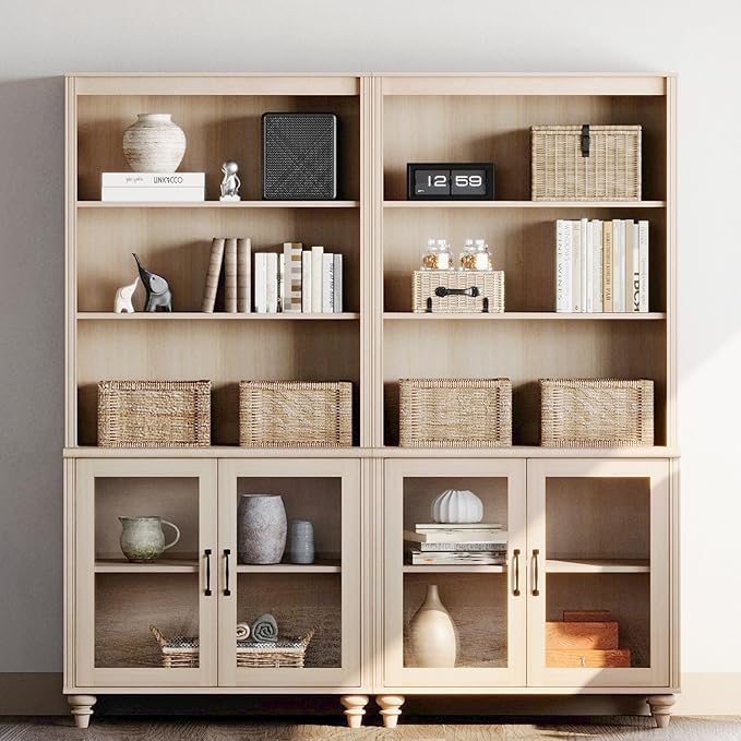 WAMPAT 5 Tier Bookshelf 72" Tall Bookcase with Glass Doors,Large Farmhouse Display Book Shelf with Adjustable Shelves and Storage Cabinet,Library Wood Bookshelves for Living Room,Kitchen, Light Oak