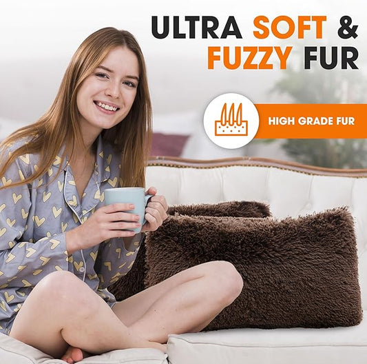 Cheer Collection Throw Pillows for Couch and Bed, Soft Shaggy Throw Pillows with Inserts Included, Cozy Long Hair Faux Fur Pillows - Set of 2-12" x 20" - Chocolate