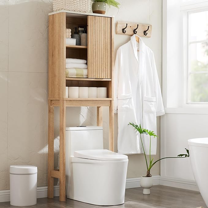 RedLemon Over The Toilet Storage Cabinet with Fluted Sliding Door, 68" Tall Wood Space Saver w/Faux Marble Top & Adjustable Shelf, Curved Profile Rack Organizer for Bathroom, Natural Oak Color