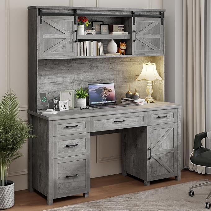 Farmhouse 67''H Executive Desk with Hutch & 5 Drawers, Rustic Office Desks Computer Desks with Charging Station, File Drawers and Storage Cabinets, Wood Workspace for Home Office & Study.(Grey).