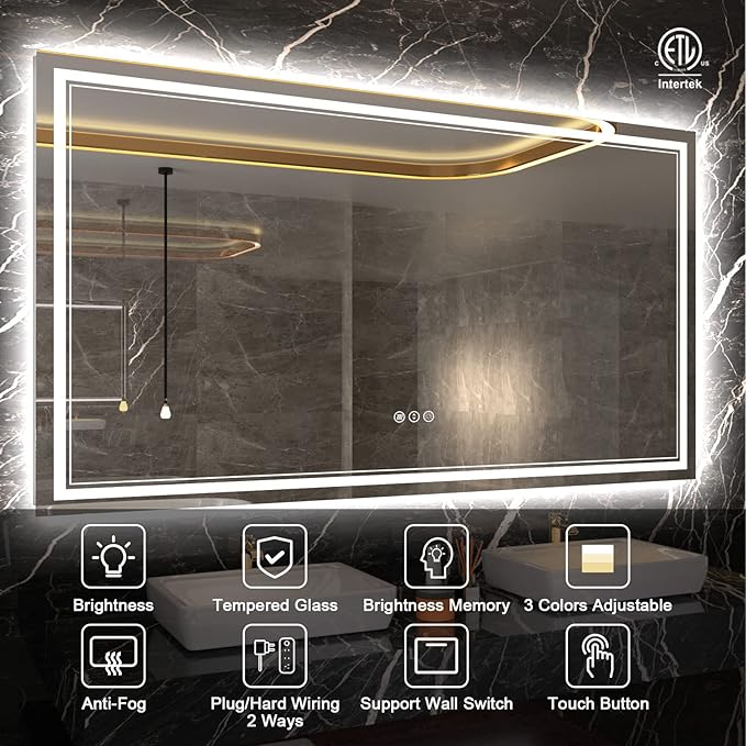 60 x 36 Inch LED Bathroom Mirror with Lights, Large Led Vanity Mirror,Backlit and Front Lighted Bathroom Mirror for Wall,Anti-Fog, 3 Colors Dimmable, Memory,ETL Listed