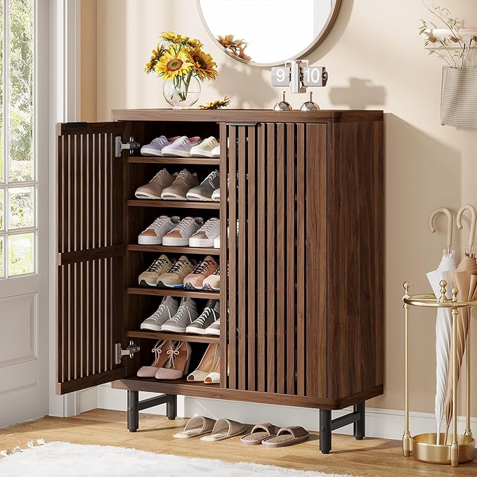 Tribesigns Shoe Cabinet with Shutter Doors, 6-Tier Entryway Shoe Cabinet with Adjustable Shelves, Wooden Modern Rack Organizer for Entryway, Hallway, Closet, Living Room, Dark Walnut