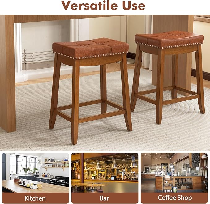 COSTWAY Saddle Bar Stools Set of 4, 25-Inch Counter Height Barstools w/PU Leather Seat, Solid Rubber Wood Frame, Footrest, Mid-Century Backless Counter Stools for Kitchen Island Home Bar