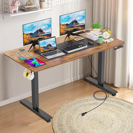 farexon Electric Standing Desk 55 x 24In with Charging Station, Stand up Desk with Oversized Mouse Pad, 2 USB Ports & 3 Power Outlets, 4 Caster, 4 Preset Heights Easy to Set(Brown)