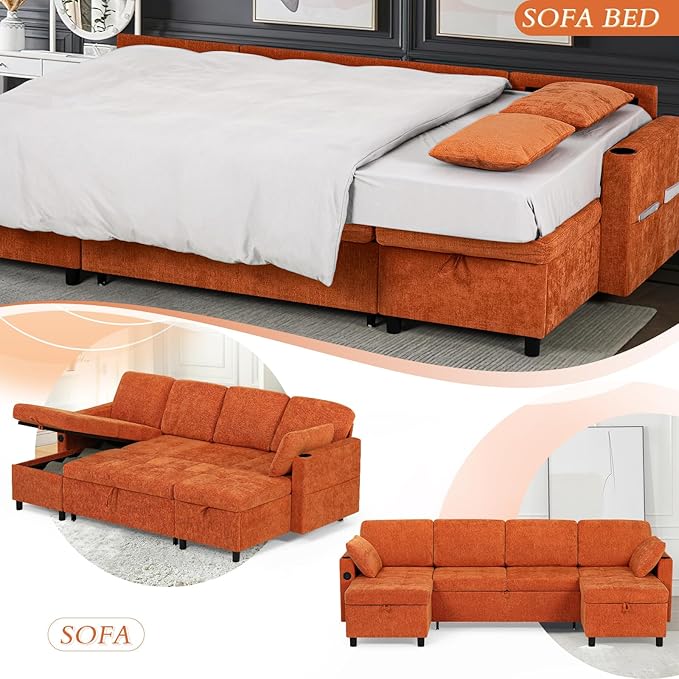 110" Sectional Pull Out Sofa Bed with Adjustable Backrests, U-Shaped Sleeper Sofa with USB Ports, Upholstered Reversible Couch with Cup Holder & Storage Space for Living Room, House, Orange
