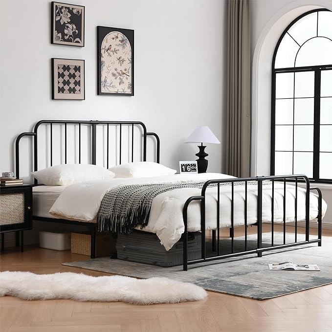 PINJU Metal Platform Bed Frame with Headboard and Footboard, Classic Style, Sturdy Metal Slats, No Box Spring Needed, Easy Installation (Black, King)