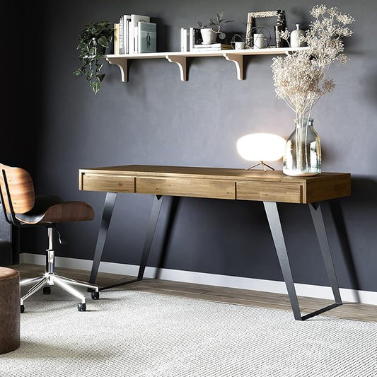 SIMPLIHOME Lowry Desk - 54-Inch Wide Solid Acacia Wood and Metal Writing Desk in Distressed Golden Wheat, Modern Industrial Home Office Computer Table with 2 Drawers and Flip-Down Keyboard Tray