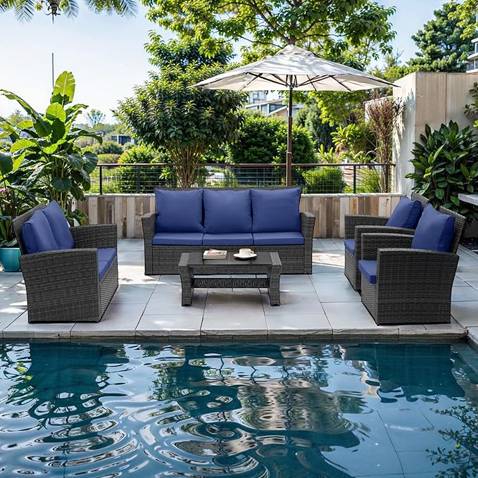 Wisteria Lane 5 Piece Patio Furniture Set, Wicker Outdoor Patio Conversation Furniture Set, All Weather Outdoor Patio Sofa with Cushion and Glass Table, Blue
