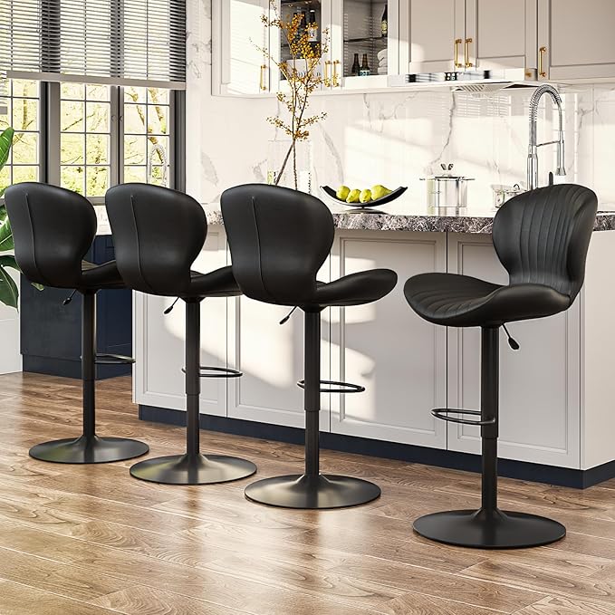 Waleaf Modern Adjustable Swivel Bar Stools Set of 4,Hydraulic Faux Leather Counter Height Barstool with Ergonomic Backrest and Footrest,Upholstered Pub Dining Chairs for Kitchen Island