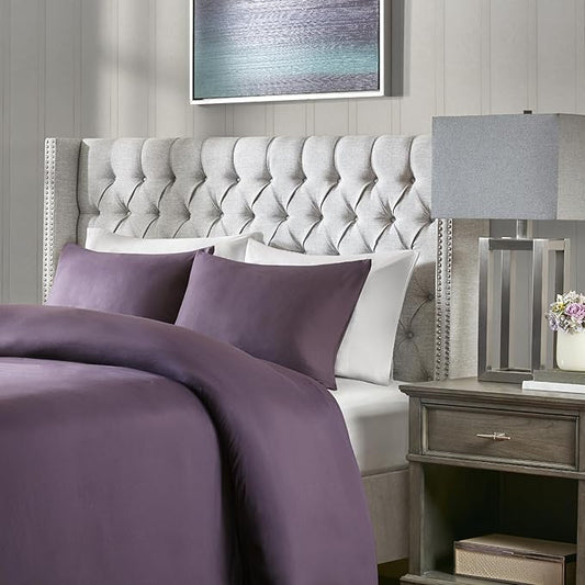 Madison Park Queen Button Tufted Headboard, Adjustable Upholstered Transitional Wingback Headboard, Nailhead Trim, Wooden Frame, Black Metal Legs, Flush Flat Back, Vintage Bedroom Décor Amelia - Grey
