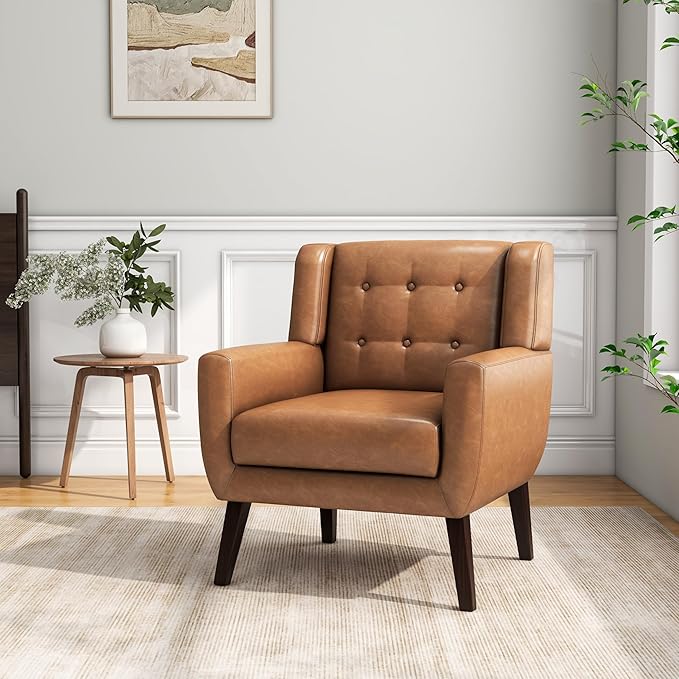 Accent Chair, Mid-Century Modern PU Leather Chairs with Arms for Living Room, Comfy Upholstered Club Single Sofa Armchair for Bedroom Waiting Room with Solid Wood Frame(Leather Brown, Set of 1)