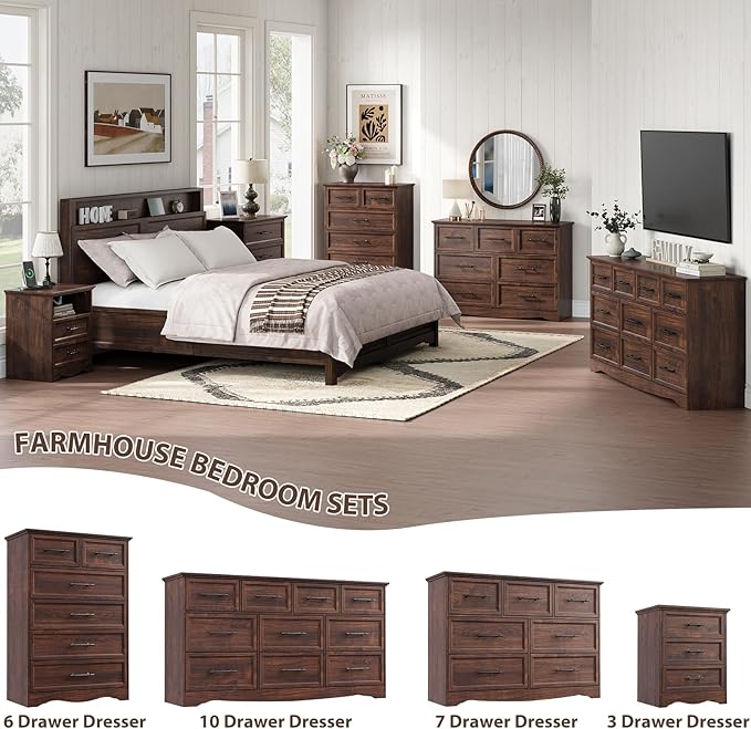 Walnut Farmhouse Dresser for Bedroom, Modern 6 Chest of Drawers, 44" Tall Chest of Drawers with Brushed Metal Handle, Wood Closet Organizers and Storage Cabinet for Bedroom, Living Room, Hallway