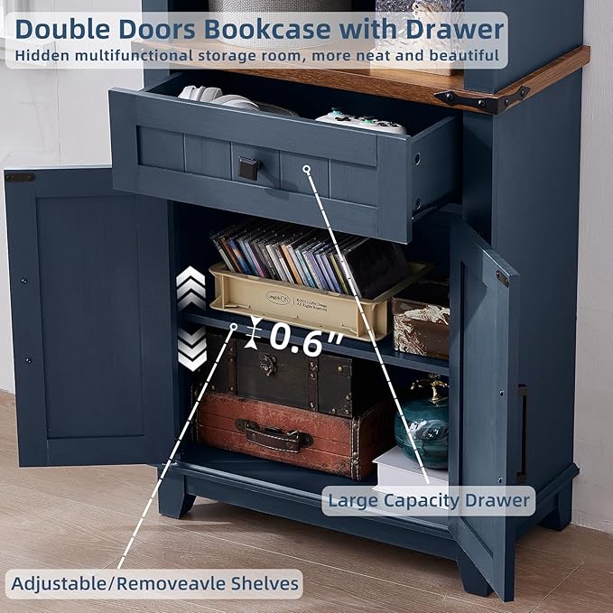 72in Tall Bookshelf 7 Tier Bookcase with Drawer and Barn Doors and Adjustable Shelves, Blue Farmhouse Book Shelf with Storage Cabinet, Wood Freestanding Display Bookshelves for Living Room