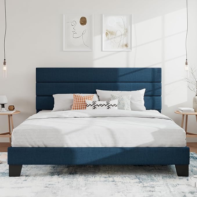 SHA CERLIN King Platform Bed Frame with Upholstered Fabric Headboard, Mattress Foundation with Strong Wooden Slats Support, No Box Spring Needed, Blue