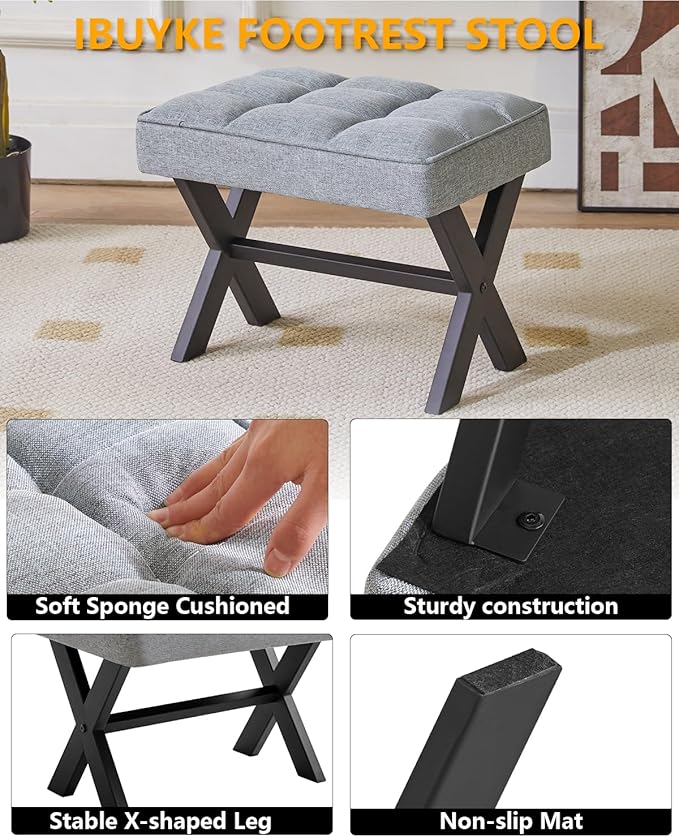 IBUYKE Small 12" H Footrest Stool, Square Linen Foot Stool with Metal X-Leg, Multi-Use as Small Side Table, Step Stool for Living Room, Bedroom, Entryway, Office, Blue Gray WBD011L