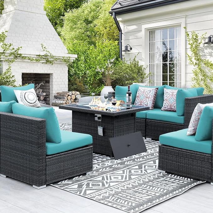 NICESOUL 7 Piece Large Modern Patio Furniture Set with Propane/Gas Firepit Table, 29.3'' High Back Comfy Wicker Sectional Sofa Couches with Fire Pit, Outdoor Deep Conversation, Fade-Proof, Turquoise