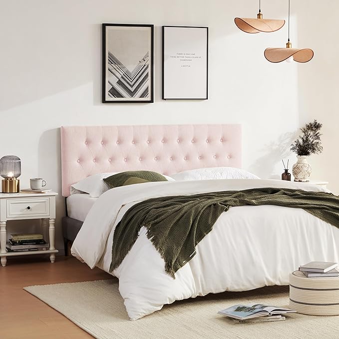 Tufted Upholstered Headboard California King Size, Solid Wood Head Board with Durable Metal Legs, Adjustable Height Bed headboard from 37” to 51” Fabric Headboard in Button Design, Pink