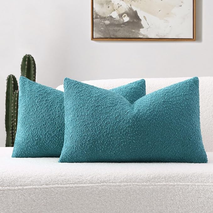 FUTEI Pack of 2 Teal Blue Decorative Throw Pillow Covers 12x20 Inch Soft Cozy Solid Boucle Textured Lumbar Pillow Cases,Modern Home Decor for Couch Bed Living Room