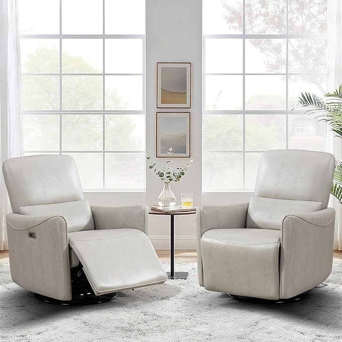Power Swivel Recliner Chair, Faux Leather Glider Electric Rocking Chair for Adults. Nursery Rocker Single Sofa Chair with Lumbar Support for Living Room. Dual-Port Charging: Type-C&USB, Grey