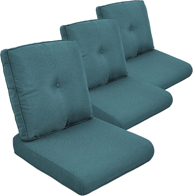 Outdoor Chair Cushion Set of 3, Waterproof Outdoor Seat Cushions 25x22 , Patio Chair Cushions for Outdoor Furniture, Couch Cushion Replacement, Include 3 Back & 3 Seat Cushions, Button/PeacockGreen