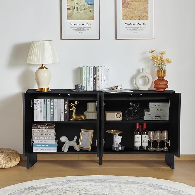Sideboard Buffets Cabinet, Modern Accent Storage Cabinet with 4 Fluted Doors and Adjustable Shelves, Wood Credenza Buffet Sideboards, Console Table for Kitchen Dining Living Room Entryway (Black)